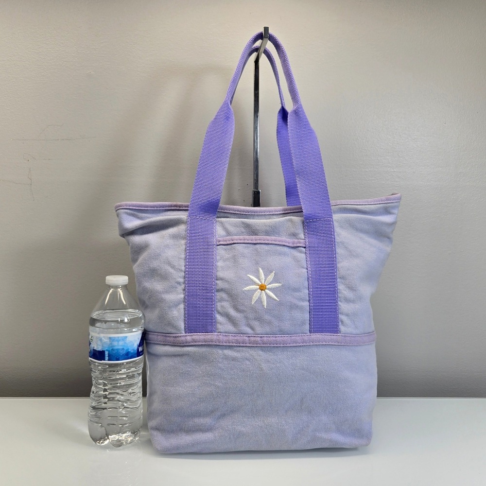 PajamaGram Tote Bag Medium Lavender Purple Canvas Daisy Embroidered Shoulder Bag
